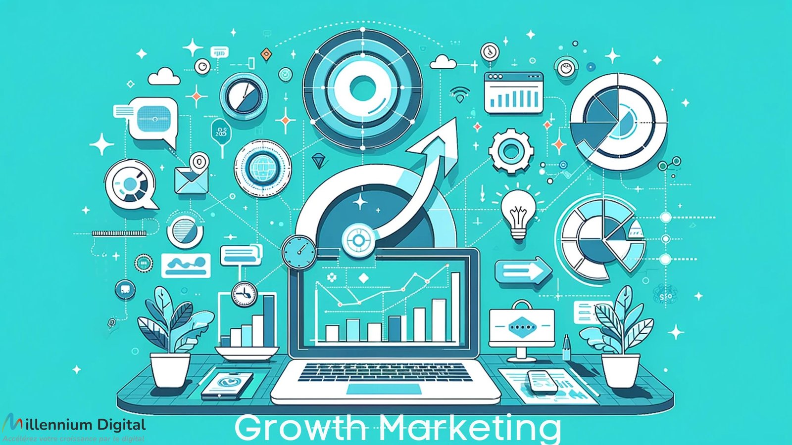 infographie illustrant le concept de 'Growth Marketing' dans un environnement digital
