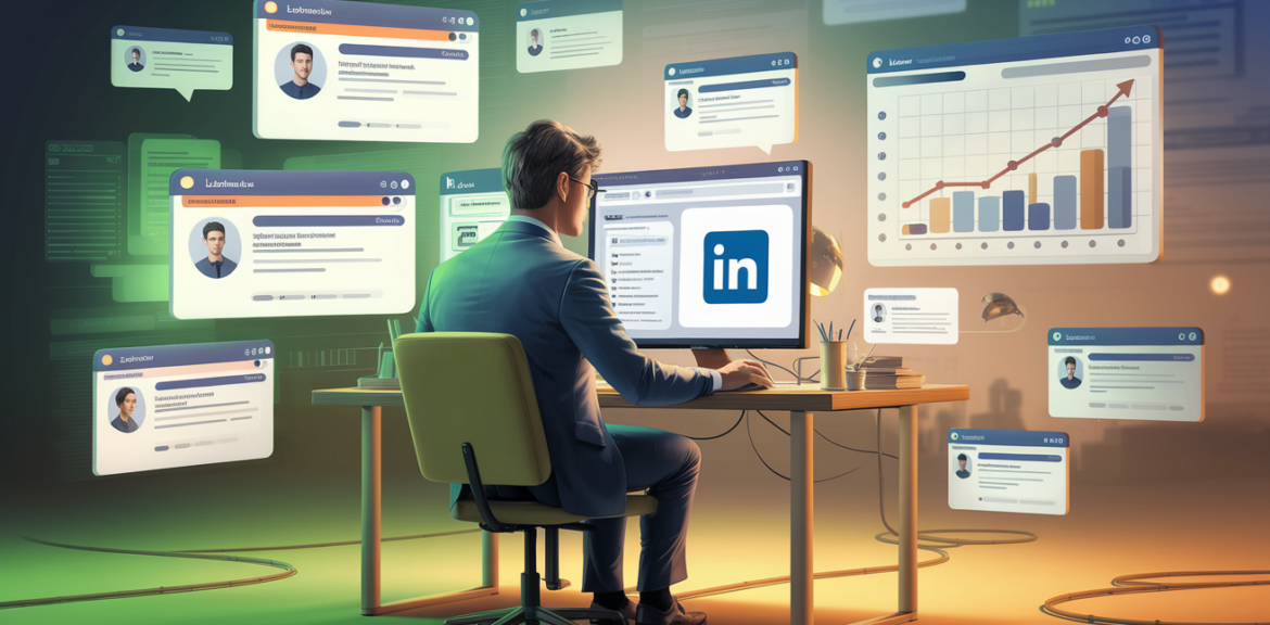 prospection linkedin : Une illustration détaillée montrant un professionnel assis à son bureau, concentré sur son écran d'ordinateur affichant une interface LinkedIn. Autour de lui, plusieurs notifications apparaissent, symbolisant de nouvelles connexions et des messages en attente. Un graphique sur un écran secondaire affiche une courbe de conversion en croissance. La pièce est éclairée par une lumière tamisée, combinant des tons verts, bleus et orangés, créant une ambiance professionnelle et immersive.