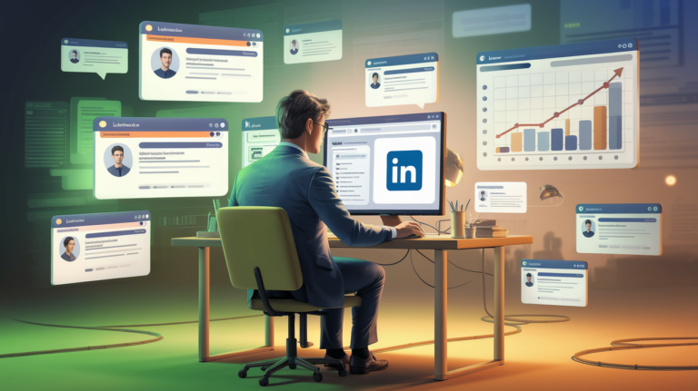 prospection linkedin : Une illustration détaillée montrant un professionnel assis à son bureau, concentré sur son écran d'ordinateur affichant une interface LinkedIn. Autour de lui, plusieurs notifications apparaissent, symbolisant de nouvelles connexions et des messages en attente. Un graphique sur un écran secondaire affiche une courbe de conversion en croissance. La pièce est éclairée par une lumière tamisée, combinant des tons verts, bleus et orangés, créant une ambiance professionnelle et immersive.