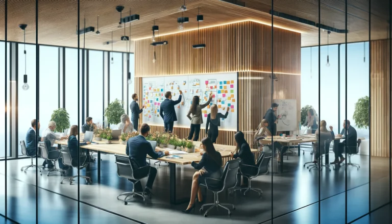 DALL·E 2024 05 01 12.46.12 A photorealistic landscape image of a modern office setting for a team brainstorming session. The office is equipped with contemporary furniture and a