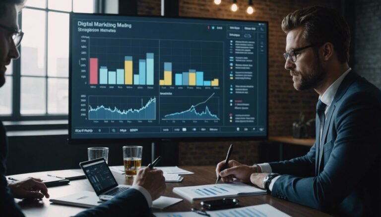 Business professionals discussing digital marketing strategies with charts and graphs in a meeting room.
