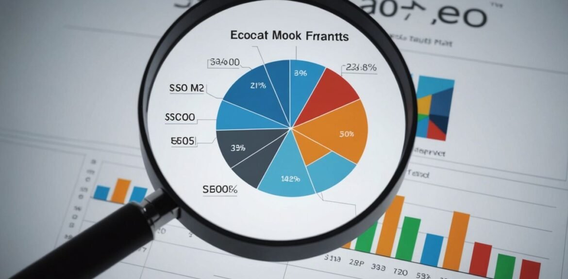 Graphique avec tendance à la hausse, loupe et icônes SEO représentant l'amélioration du référencement par une agence webmarketing référencement seo .