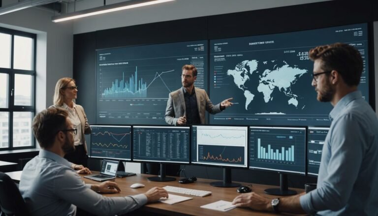 Team collaborating in modern office with charts on screen, showcasing B2B marketing services.