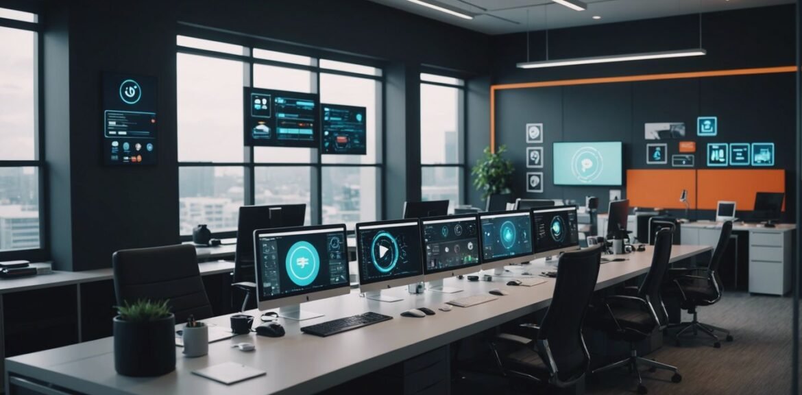 Modern office with digital marketing tools and automation icons, illustrating the impact of automation on marketing services.