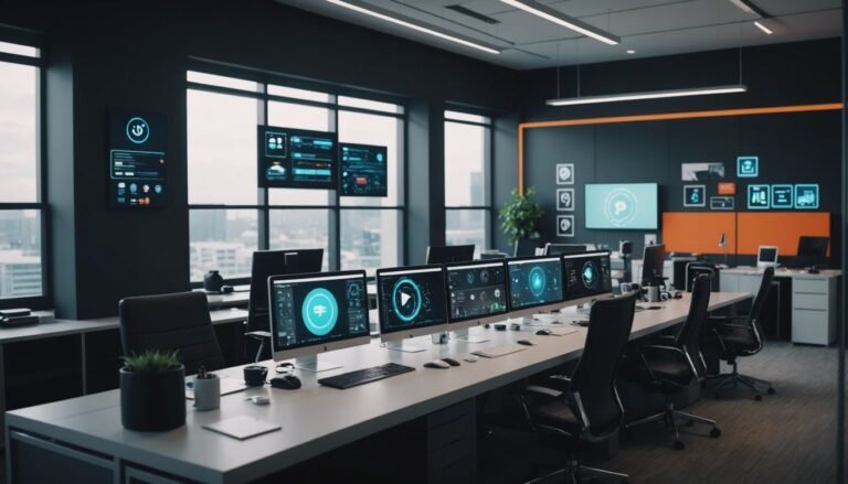Modern office with digital marketing tools and automation icons, illustrating the impact of automation on marketing services.