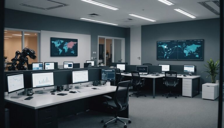 Modern digital marketing agency office with AI elements, robots, and data charts, symbolizing innovative growth solutions.