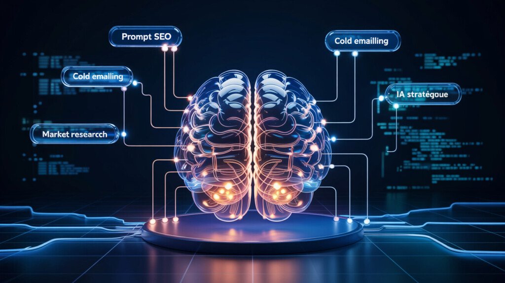 Une représentation ultra-détaillée d’un cerveau en verre futuriste, traversé de circuits dorés lumineux, chaque zone symbolisant une catégorie de prompts ChatGPT (copywriting, analyse de données, stratégie marketing, créativité, coaching, etc.). En fond, un univers digital bleu nuit avec des lignes de code suspendues, des bulles contenant des mots-clés flottants : "Prompt SEO", "Cold Emailing", "Market Research", "IA stratégique". Éclairage néon, style mi-réaliste mi-science-fiction.
