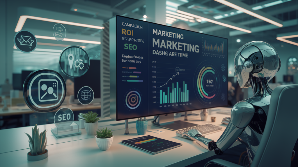 Une image visuellement détaillée et hyperréaliste montrant l'impact de ChatGPT sur le marketing en 2025. L'image montre un bureau élégant avec un professionnel du marketing utilisant ChatGPT sur un ordinateur. Un grand écran affiche un tableau de bord marketing avec des graphiques (analyse du retour sur investissement), des idées de campagne générées en temps réel et des informations sur le référencement, mais il n'y a pas de mots. Autour de la scène se trouvent des icônes pour les campagnes d'e-mailing, les médias sociaux et le référencement, soulignant le rôle de ChatGPT en tant qu'assistant puissant. L'esthétique générale est propre, moderne et professionnelle, avec des tons de bleu clair et de vert, aucun autre mot que chatGPT2025.