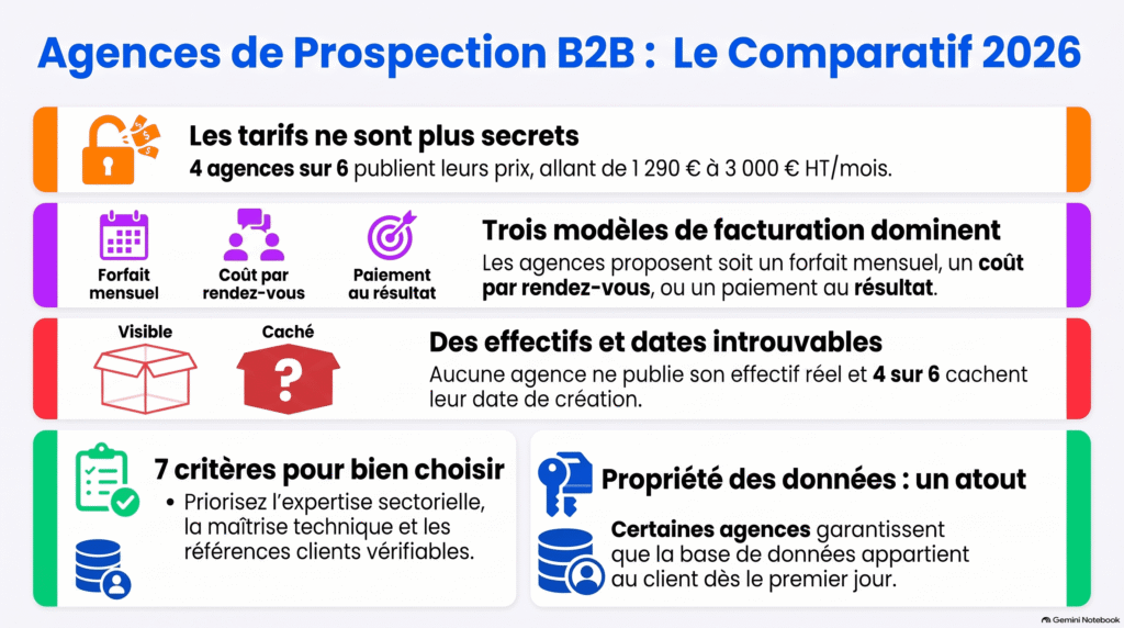Agence de prospection commerciale : comparatif 6 agences 2026 2 Pour choisir une agence de prospection commerciale, il est recommandé de s'appuyer sur sept critères essentiels qui permettent d'évaluer concrètement la qualité et l'adéquation d'un prestataire avec vos besoins