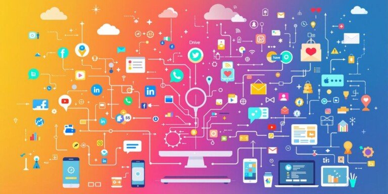 webmarketing Un paysage numérique coloré avec des appareils connectés.