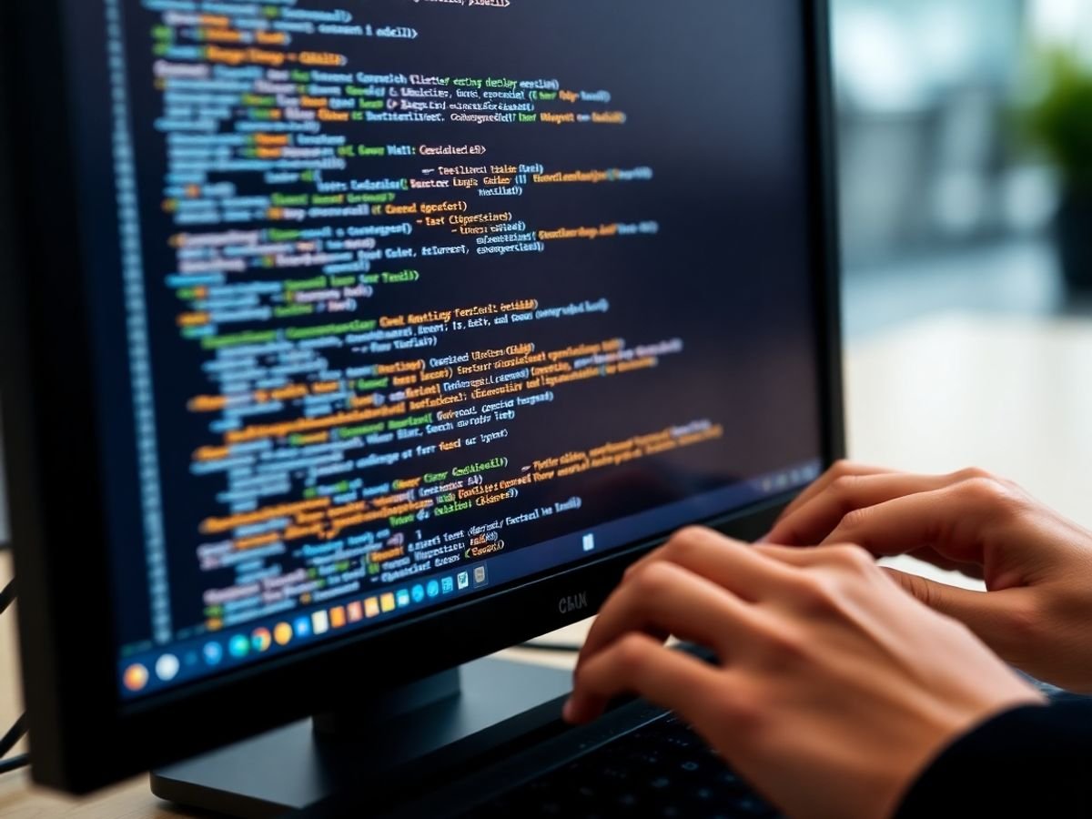 Écran d'ordinateur avec code et mains sur le clavier.