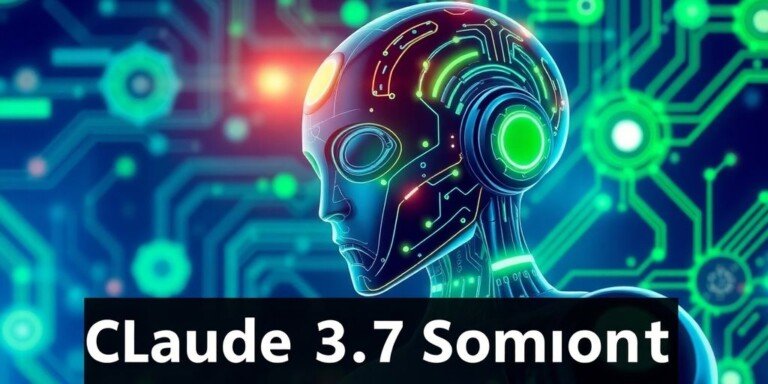 Robot futuriste Claude 3.7 Sonnetentouré d'éléments numériques avancés.