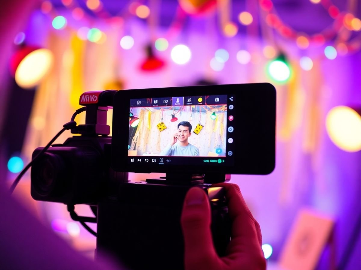 Person créant une vidéo avec des accessoires colorés.