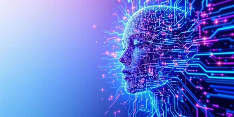 Visage futuriste DeepSite entouré de circuits lumineux et dynamiques modernes.