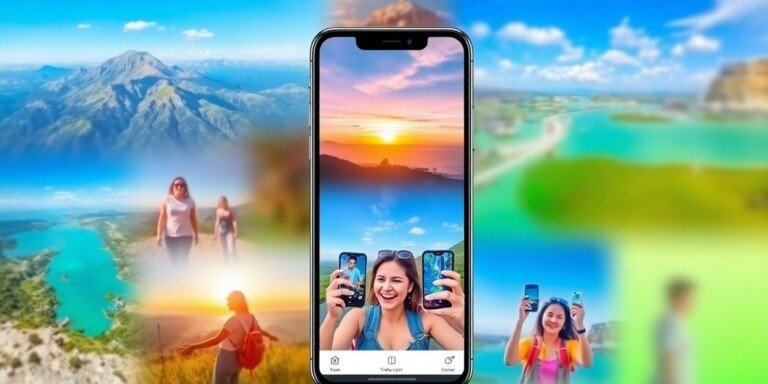 Collage de paysages et voyageurs heureux sur TikTok.