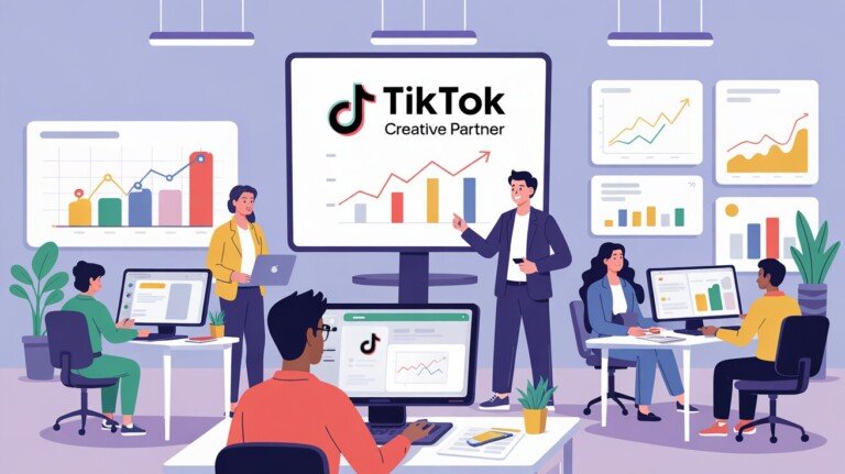 Une illustration réaliste d'un bureau moderne de type start-up. Sur un mur, un cadre affiche fièrement la certification officielle "TikTok Creative Partner" d'une agence d’influence. Des collaborateurs travaillent ensemble sur des ordinateurs portables et des tablettes affichant clairement l’interface TikTok. On voit des graphiques colorés verts, bleus et oranges représentant les statistiques de croissance. Au centre, un créatif explique une idée devant un tableau blanc rempli d’idées visuelles autour des tendances TikTok. L’ambiance reflète une énergie positive, créative, et dynamique typique d'une agence d’influence reconnue.