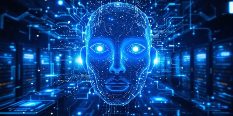Visage de Gemini 2.5 Flash futuriste avec circuits et lumières bleues