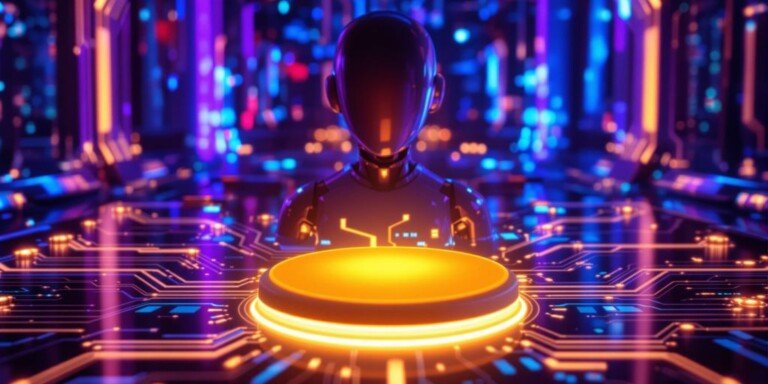 Genspark ai: Assistant IA futuriste avec circuits lumineux et bouton central