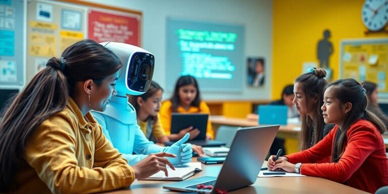 Claude pour l'éducation Salle de classe moderne avec étudiants et technologie avancée.