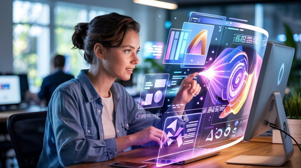 une illustration professionnelle montrant un étudiant en bachelor communication travaillant en symbiose avec l'IA. L'image doit représenter un jeune professionnel créatif (25-30 ans, style business casual) assis devant un ordinateur moderne dans un espace de travail lumineux et inspirant. Des hologrammes ou projections numériques flottent autour de lui, montrant des éléments de communication (logos, textes, graphiques marketing). On doit voir clairement une interaction entre l'humain et la technologie, où l'étudiant dirige l'IA plutôt que d'être remplacé par elle. L'ambiance doit être positive et tournée vers l'avenir, avec une palette de couleurs vives mais professionnelles (bleus, violets, touches d'orange). Style : illustration moderne semi-réaliste, design épuré et professionnel.
