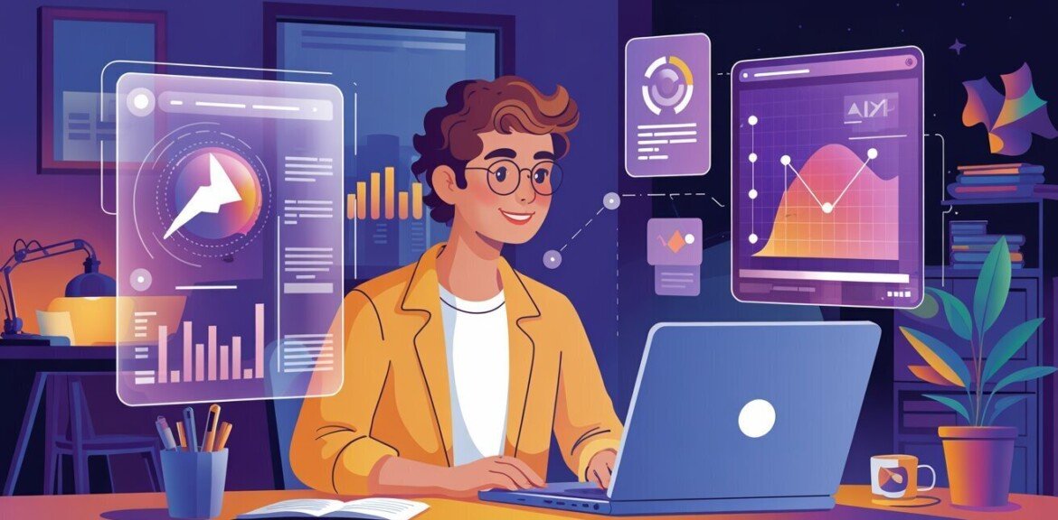 une illustration professionnelle montrant un étudiant en bachelor communication travaillant en symbiose avec l'IA. L'image doit représenter un jeune professionnel créatif (25-30 ans, style business casual) assis devant un ordinateur moderne dans un espace de travail lumineux et inspirant. Des hologrammes ou projections numériques flottent autour de lui, montrant des éléments de communication (logos, textes, graphiques marketing). On doit voir clairement une interaction entre l'humain et la technologie, où l'étudiant dirige l'IA plutôt que d'être remplacé par elle. L'ambiance doit être positive et tournée vers l'avenir, avec une palette de couleurs vives mais professionnelles (bleus, violets, touches d'orange). Style : illustration moderne semi-réaliste, design épuré et professionnel.
