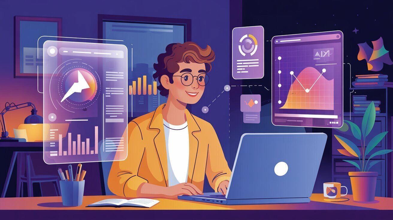 une illustration professionnelle montrant un étudiant en bachelor communication travaillant en symbiose avec l'IA. L'image doit représenter un jeune professionnel créatif (25-30 ans, style business casual) assis devant un ordinateur moderne dans un espace de travail lumineux et inspirant. Des hologrammes ou projections numériques flottent autour de lui, montrant des éléments de communication (logos, textes, graphiques marketing). On doit voir clairement une interaction entre l'humain et la technologie, où l'étudiant dirige l'IA plutôt que d'être remplacé par elle. L'ambiance doit être positive et tournée vers l'avenir, avec une palette de couleurs vives mais professionnelles (bleus, violets, touches d'orange). Style : illustration moderne semi-réaliste, design épuré et professionnel.