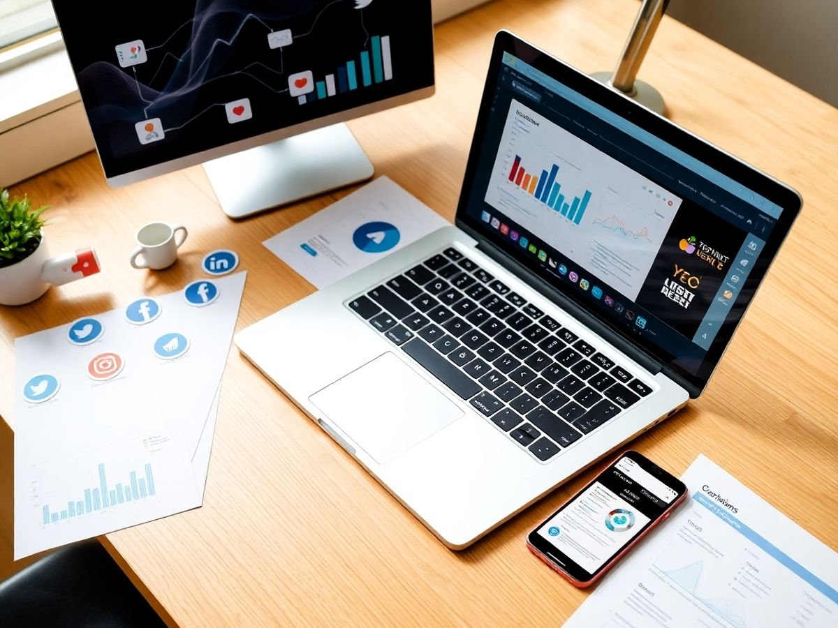 Ordinateur portable avec outils de marketing digital.