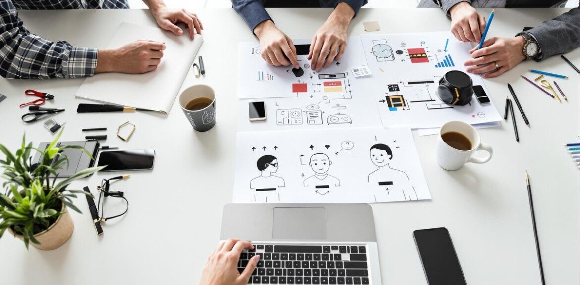Bureau moderne avec ordinateur portable, smartphone et personnes collaborant
