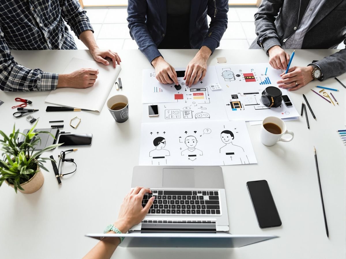 Bureau moderne avec ordinateur portable, smartphone et personnes collaborant