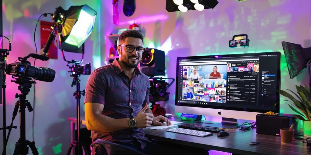 Créateur YouTube avec VidTechy heureux entouré d’équipements vidéo professionnels modernes.