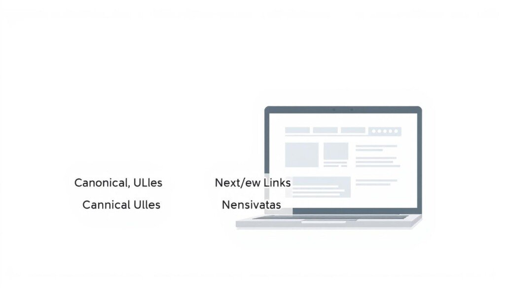 A clean, minimalist illustration showcasing the three key technical methods for structuring paginated web pages. In the foreground, simple icons or symbols represent the three methods - "Canonical URLs", "Next/Prev Links", and "Robots Metadata" - arranged in a row against a plain white background. The midground features a laptop or monitor displaying a paginated web page, with the pagination controls highlighted. In the background, a subtle grid pattern or graph paper texture suggests the technical, analytical nature of the subject matter. The lighting is soft and even, with a sense of clarity and focus on the key elements. The overall mood is informative, educational, and visually appealing for the target audience.