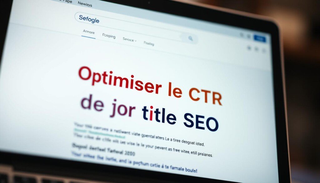 A close-up shot of a laptop screen displaying a search engine results page (SERP) with the title "Optimiser le CTR de votre titre SEO" prominently featured in the center. The title text should have a warm, eye-catching color scheme, with a balanced mix of bold and subtle typography to draw the viewer's attention. The surrounding SERP layout should be clean and minimalist, with a soft, blurred background that emphasizes the title as the focal point. Subtle lighting and realistic camera depth of field should create a sense of depth and professionalism, conveying the importance of optimizing title length for maximum click-through rate.
