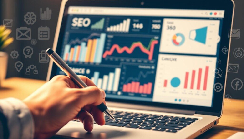 A close-up view of a laptop screen displaying a series of bar graphs and charts representing SEO performance metrics, all bathed in a soft, warm lighting. The foreground features a hand holding a pen, hovering over the laptop, conveying a sense of active optimization and analysis. The middle ground showcases various SEO-related icons and symbols, subtly hinting at the ongoing challenges and limitations of search engine optimization. The background is slightly blurred, creating a sense of focus on the central elements. The overall mood is one of contemplation and strategic decision-making, reflecting the "Les limites du SEO à connaître" section of the article.