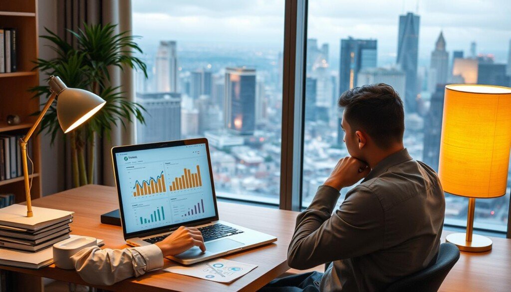 A cozy office scene with a laptop displaying detailed analytics and statistics on the screen. The desk is neatly organized, with a desk lamp providing warm, focused lighting. In the background, a large window overlooks a bustling city skyline, creating a serene and productive atmosphere. The user is dressed professionally, deep in thought as they analyze the data, ready to make informed decisions to optimize their business strategy.