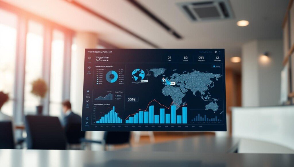 A data-rich visualization depicting international performance analysis, showcasing key metrics and insights. The foreground features a sleek, minimal dashboard displaying charts, graphs, and analytics in a clean, modern style. The middle ground comprises a world map, with regional data points highlighting global trends. The background suggests a corporate office setting, with subtle architectural elements and neutral tones creating a professional, business-oriented atmosphere. Soft, directional lighting accentuates the dynamic visualizations, while a shallow depth of field draws the viewer's focus to the analytical insights. The overall composition conveys a sense of data-driven decision-making and strategic global performance tracking.