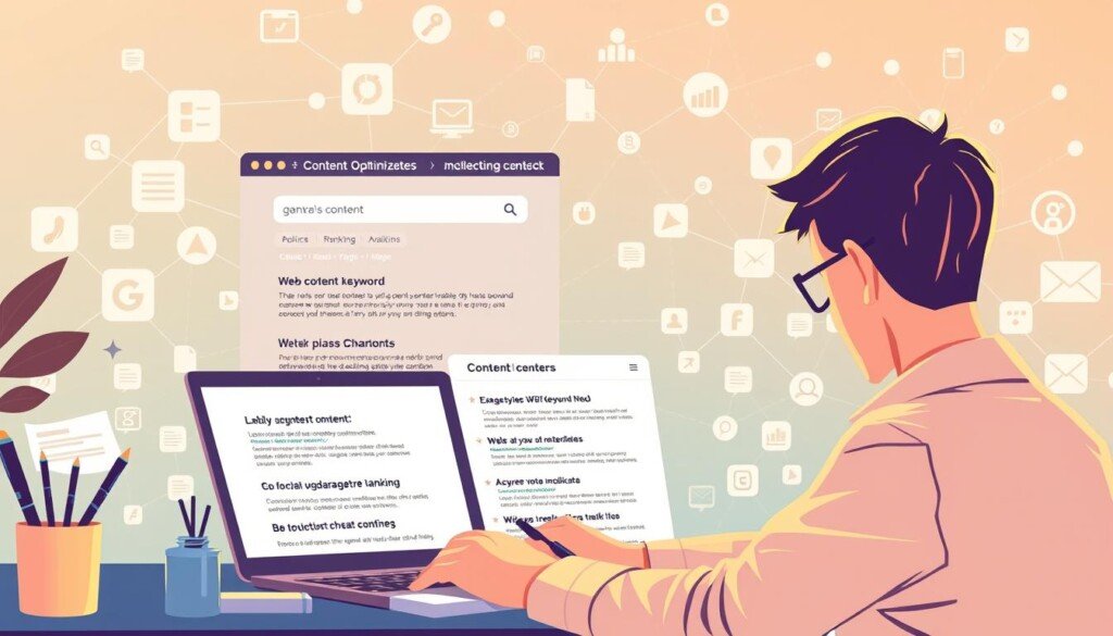 A digital illustration showcasing a strategic content SEO plan. In the foreground, a person meticulously crafting web content, optimizing keywords and metadata. In the middle ground, a search engine results page displays the content's high rankings. In the background, a network of interconnected webpages, social media channels, and analytical tools, all working in harmony to drive organic traffic. The scene is bathed in a soft, warm light, conveying a sense of focus, efficiency, and the rewards of a well-executed SEO strategy. The overall mood is one of professionalism, expertise, and the successful implementation of content-driven search engine optimization.