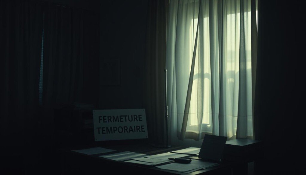 A dimly lit office interior, the curtains drawn, casting long shadows across a desk cluttered with papers and a "Fermeture Temporaire" sign. The room has a somber, melancholic atmosphere, reflecting the temporary closure of the establishment. Soft, moody lighting illuminates the scene, creating a sense of uncertainty and unease. The focal point is the prominent "Fermeture Temporaire" sign, conveying the message of a temporary shutdown to the viewer. The overall composition evokes a sense of transience and the temporary nature of the closure.