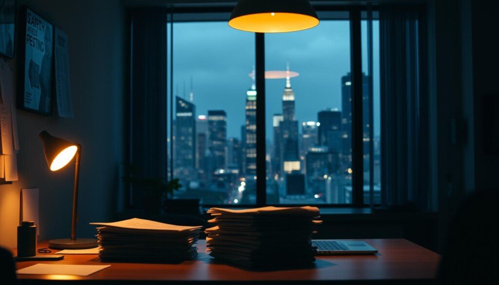 A dimly lit office room, with a desk illuminated by a warm, overhead light. On the desk, a stack of papers and a laptop, symbolic of the time-consuming, tedious nature of search engine advertising. In the background, a window overlooking a bustling city skyline, representing the ever-changing, competitive landscape of digital marketing. The room has a slightly cluttered, overwhelmed atmosphere, conveying the challenges and drawbacks of a SEA-focused approach. The scene is captured with a cinematic, slightly moody aesthetic, using a medium-wide angle and a shallow depth of field to draw the viewer's attention to the key elements.