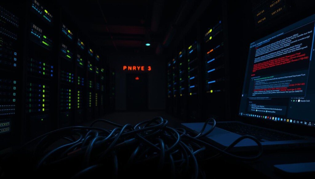 A dimly lit server room, with rows of blinking LED-lit racks casting an eerie glow. In the foreground, a tangle of cables and networking equipment lie in disarray, symbolizing technical issues that hinder SEO performance. The background reveals a laptop screen displaying error messages and diagnostic tools, conveying the complex, behind-the-scenes challenges of troubleshooting SEO problems. The overall scene evokes a sense of technical complexity and the need for expertise to overcome SEO roadblocks. Dramatic lighting and deep shadows create an atmosphere of tension and urgency, underscoring the importance of resolving these technical problems.