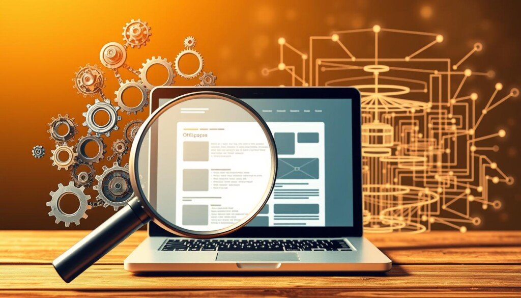 A dynamic, visually engaging illustration of an SEO optimization technique. In the foreground, a magnifying glass examines a series of gears, cogs, and interlinked components, representing the intricate workings of on-page optimization. The middle ground features a laptop displaying a web page, with various elements like headers, images, and metadata highlighted, showcasing the optimization process. In the background, a complex wireframe model of a website structure emerges, symbolizing the strategic planning and hierarchical organization of the "semantic cocoon" approach. The overall scene is bathed in a warm, golden light, conveying a sense of clarity, focus, and progressive dynamism.