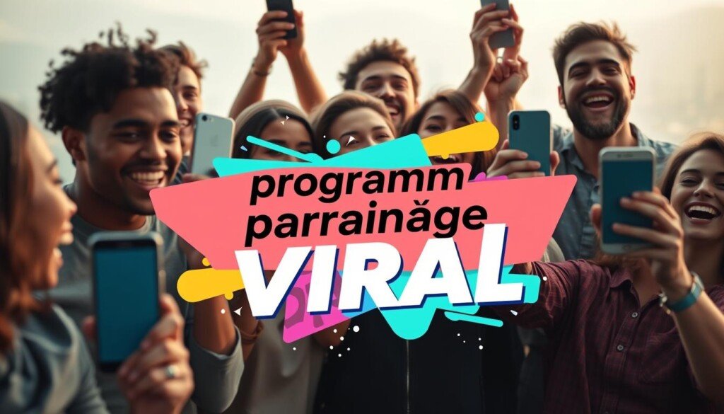 A group of people enthusiastically sharing a digital referral code, their faces alight with excitement as they watch the viral growth of their online community. The foreground features a diverse array of individuals holding up their smartphones, their expressions conveying the joy and success of their collaborative marketing efforts. The middle ground showcases a vibrant, colorful graphic design showcasing the "programme parrainage viral" concept, with sleek typography and dynamic shapes. The background depicts a soft, blurred digital landscape, hinting at the expansive digital world where this organic virality is taking place. The overall scene conveys a sense of momentum, community, and the power of authentic, word-of-mouth promotion.