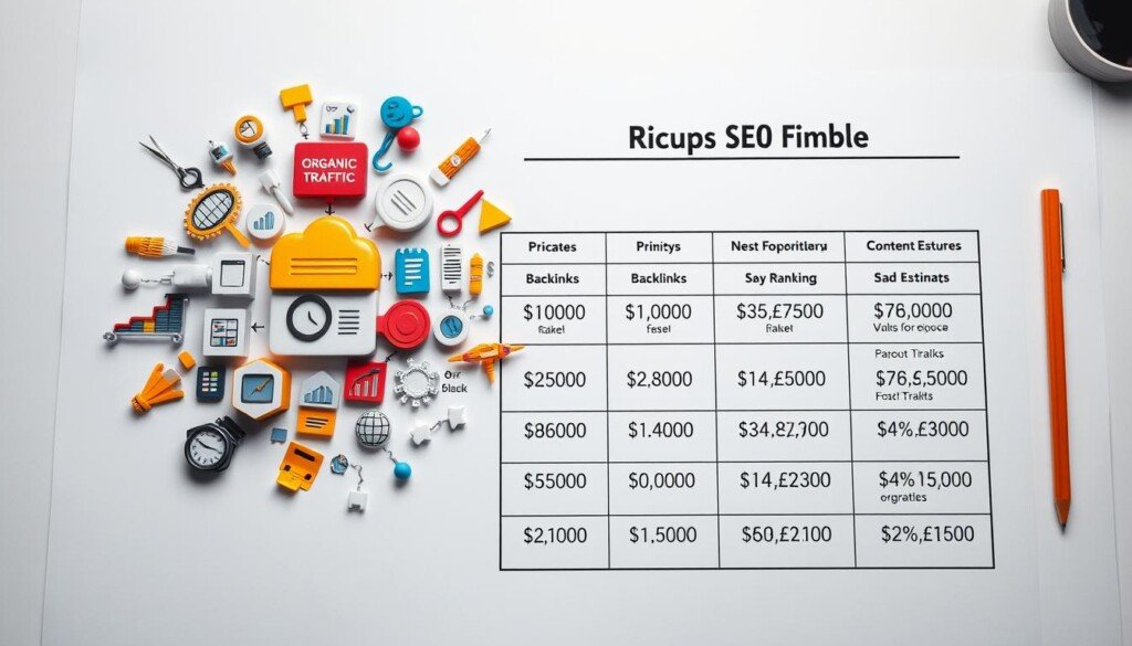 A high-contrast, high-detail image of various pricing factors and SEO ranking influences, presented in an organized, methodical manner. The foreground showcases a cluster of icons and infographic elements representing different SEO metrics such as organic traffic, backlinks, keyword rankings, and content optimization. The middle ground features a grid-like layout of numerical values, percentages, and cost estimates, conveying the variable nature of SEO pricing. The background is a clean, minimalist workspace with subtle grid lines, suggesting the analytical, data-driven nature of determining SEO service costs. The overall mood is one of professionalism, clarity, and practical decision-making.