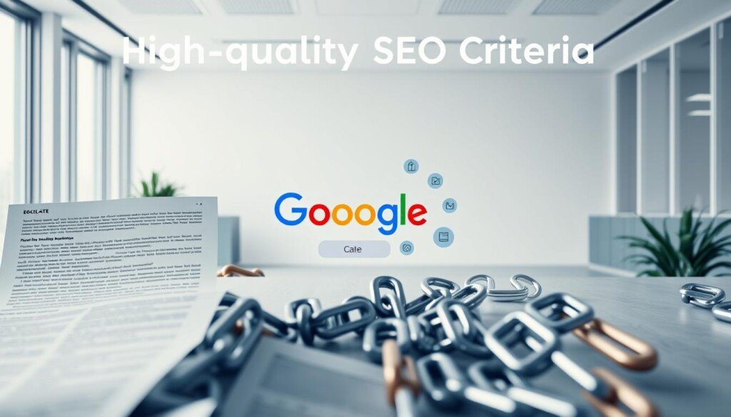 A high-quality backlink SEO criteria landscape. A foreground of various web page elements such as headers, paragraphs, and hyperlinks, conveying the technical requirements for valuable backlinks. In the middle ground, a stylized Google logo and algorithm icons, representing the search engine's guidelines. The background depicts a serene, minimalist office environment with clean lines and natural lighting, evoking a sense of professionalism and clarity. The overall mood is one of thoughtful consideration of the essential elements needed to build an effective backlink strategy that aligns with Google's quality standards.