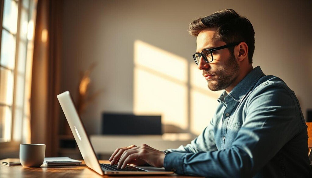 A highly focused and motivated SEO expert, thoughtfully studying a laptop screen in a sun-dappled home office. Warm, natural lighting filters through the window, casting a soft glow on their face as they intently analyze technical optimizations. The space is modern and minimalist, with clean lines and earthy tones, allowing the subject to be the central focus. The expert's expression is one of deep concentration, conveying their expertise and commitment to delivering impactful SEO strategies. This scene embodies the essence of an advanced SEO training program crafted by industry professionals.