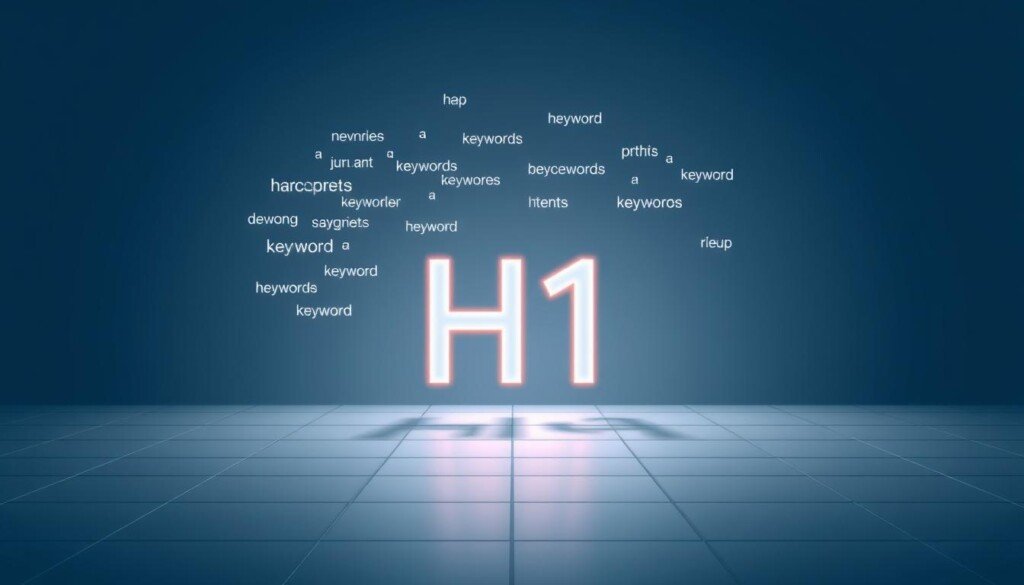 A minimalist, high-contrast digital illustration depicting the optimization of H1 keywords. In the foreground, a boldly stylized H1 tag takes center stage, its edges glowing with a subtle neon effect. Surrounding it, a constellation of meticulously arranged keywords, their sizes and positions suggesting an optimal arrangement for search engine visibility. The middle ground features a sleek, abstract grid pattern, hinting at the underlying structure and logic of effective content organization. In the background, a gradient of cool, calming blues and grays sets a professional, analytical tone. Lighting is sharp and directional, casting dramatic shadows that reinforce the geometric, architectural feel of the composition.