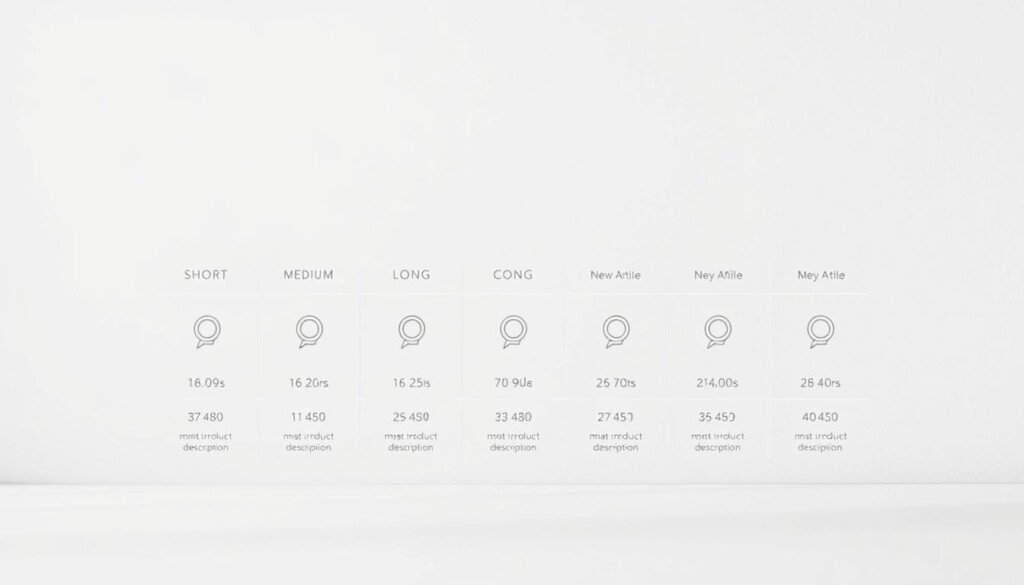 A minimalist infographic showcasing the recommended word count for different types of web content. The foreground features a central grid layout with columns labeled "Short", "Medium", and "Long", aligning neatly with rows for various content types like "Blog Post", "Product Description", and "News Article". Each cell displays the optimal word count range in a clean, legible typeface. The middle ground includes subtle line art iconography to visually distinguish the content types. The background maintains a calm, neutral palette, allowing the infographic elements to take center stage. The lighting is soft and diffused, creating a professional, editorial atmosphere. The overall composition strikes a balance between informative clarity and aesthetic appeal.