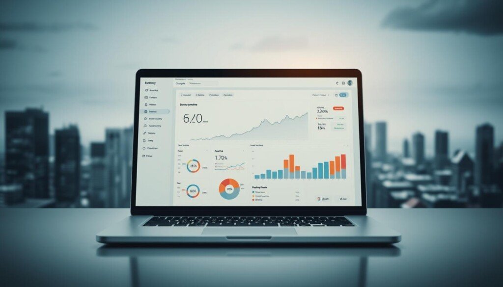 A modern, data-driven approach to search engine optimization, with a sleek, minimalist aesthetic. A laptop or desktop computer prominently featured in the foreground, displaying a graph or dashboard showcasing key SEO metrics and performance data. In the background, an abstract cityscape or technology-inspired landscape, bathed in cool, muted tones that evoke a sense of professionalism and expertise. The overall composition should convey a balance of analytical rigor and strategic vision, reflecting the "data-driven" nature of the subject matter. Subtle lighting highlights the technological elements, while a clean, uncluttered design emphasizes the efficiency and precision of the approach.