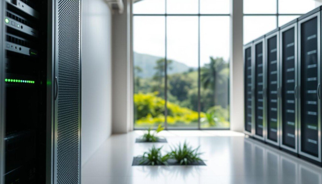 A modern, energy-efficient web server housed in a minimalist, eco-friendly data center. The foreground features the server rack, with a sleek, brushed metal finish and softly glowing indicator lights. The middle ground showcases the data center's architecture, with large windows allowing natural light to filter in, reducing the need for artificial lighting. The background depicts lush, verdant landscapes, reflecting the facility's commitment to sustainable practices and renewable energy sources. Crisp, cool lighting accentuates the clean lines and minimalist design, creating a serene, environmentally-conscious atmosphere.