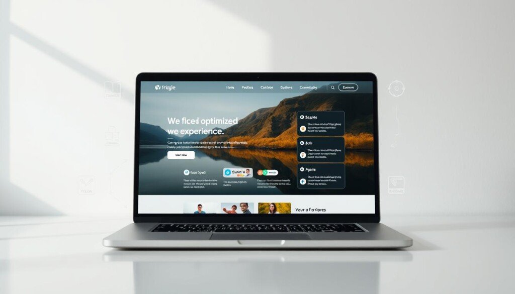 A modern, minimalist website interface with a clean, user-friendly layout. The foreground features a sleek laptop displaying a well-organized web page, its screen reflecting a serene, natural landscape in the background. The laptop is surrounded by various user interface elements, such as intuitive navigation menus, interactive forms, and vibrant icons, all designed to enhance the overall user experience. The lighting is soft and natural, creating a calming, inviting atmosphere. The composition is balanced, with the laptop positioned as the focal point, drawing the viewer's attention to the optimized web experience. The overall mood conveys a sense of efficiency, simplicity, and digital tranquility.