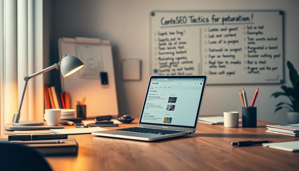 A modern office interior with a laptop on a minimalist wooden desk, surrounded by various office supplies and documents. The lighting is warm and focused, creating a productive and focused atmosphere. On the laptop screen, a search engine results page is displayed, showcasing optimized content for search engines. In the background, a whiteboard or corkboard displays key SEO tactics and strategies, providing a visual representation of the content optimization process.